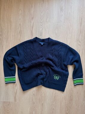 Tommy Hilfiger Navy Cable-Knit Cardigan with Green Trim